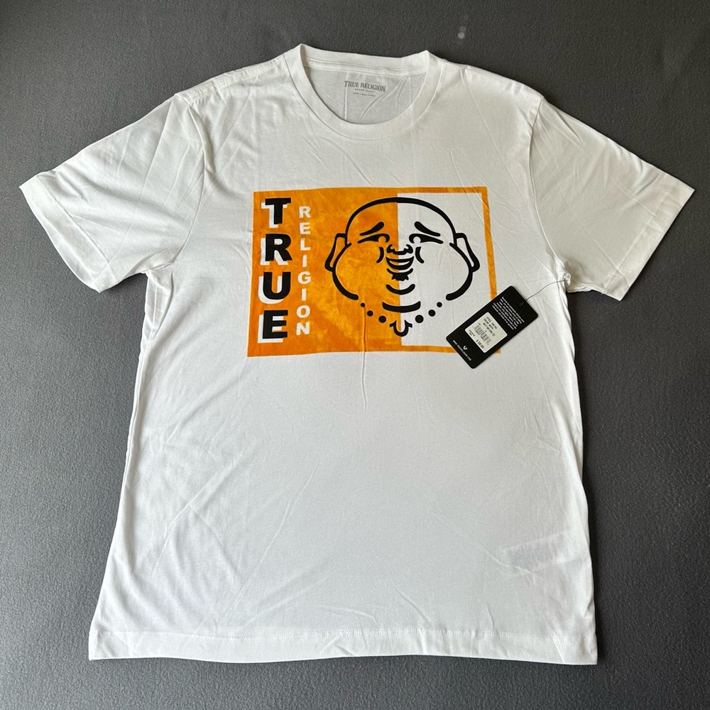 NWT TRUE RELIGION Men's White/Orange Graphic Crewneck Short Sleeve T-Shirt SZ L